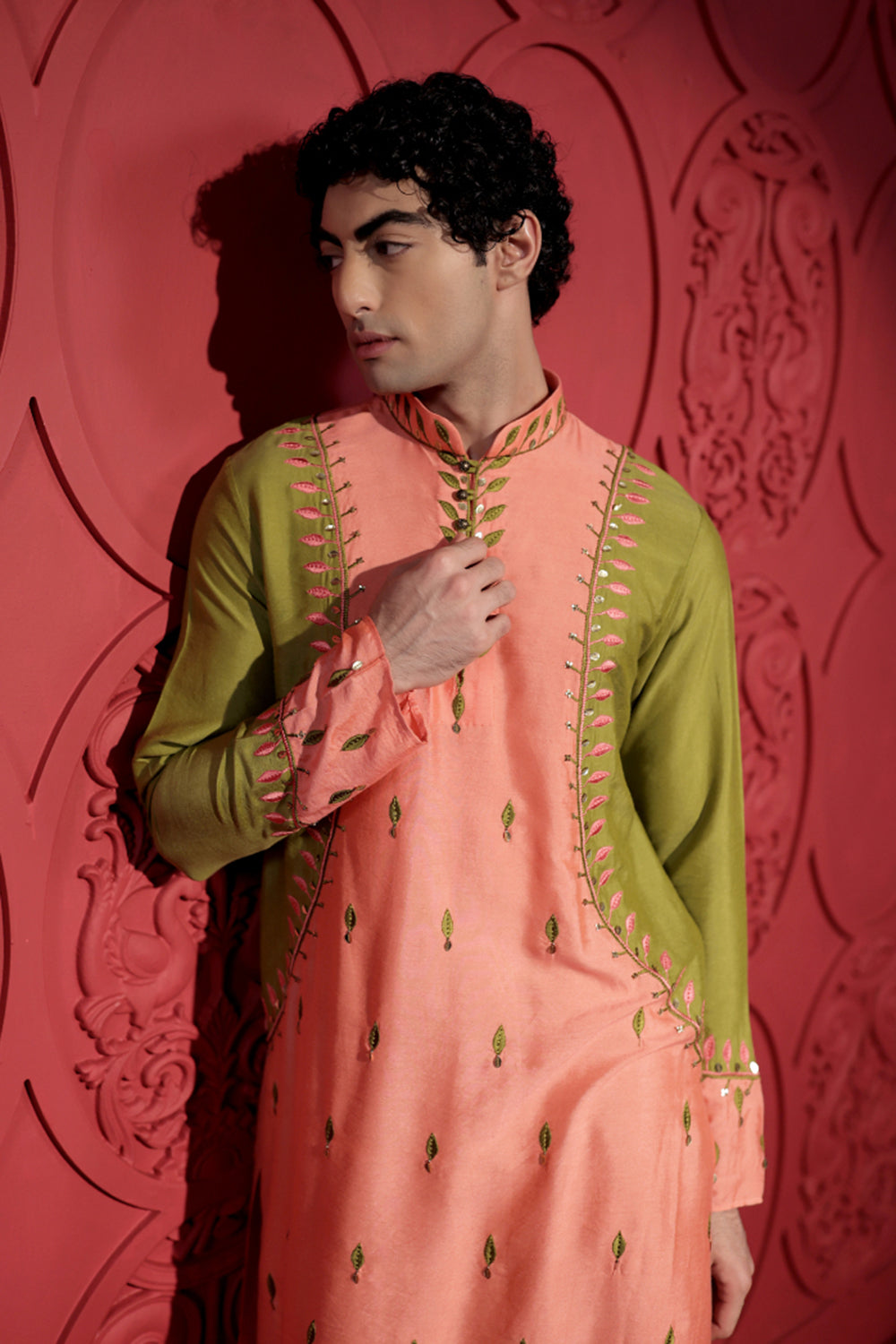 Colorblock Embroidered Peach and Olive Green Kurta Set