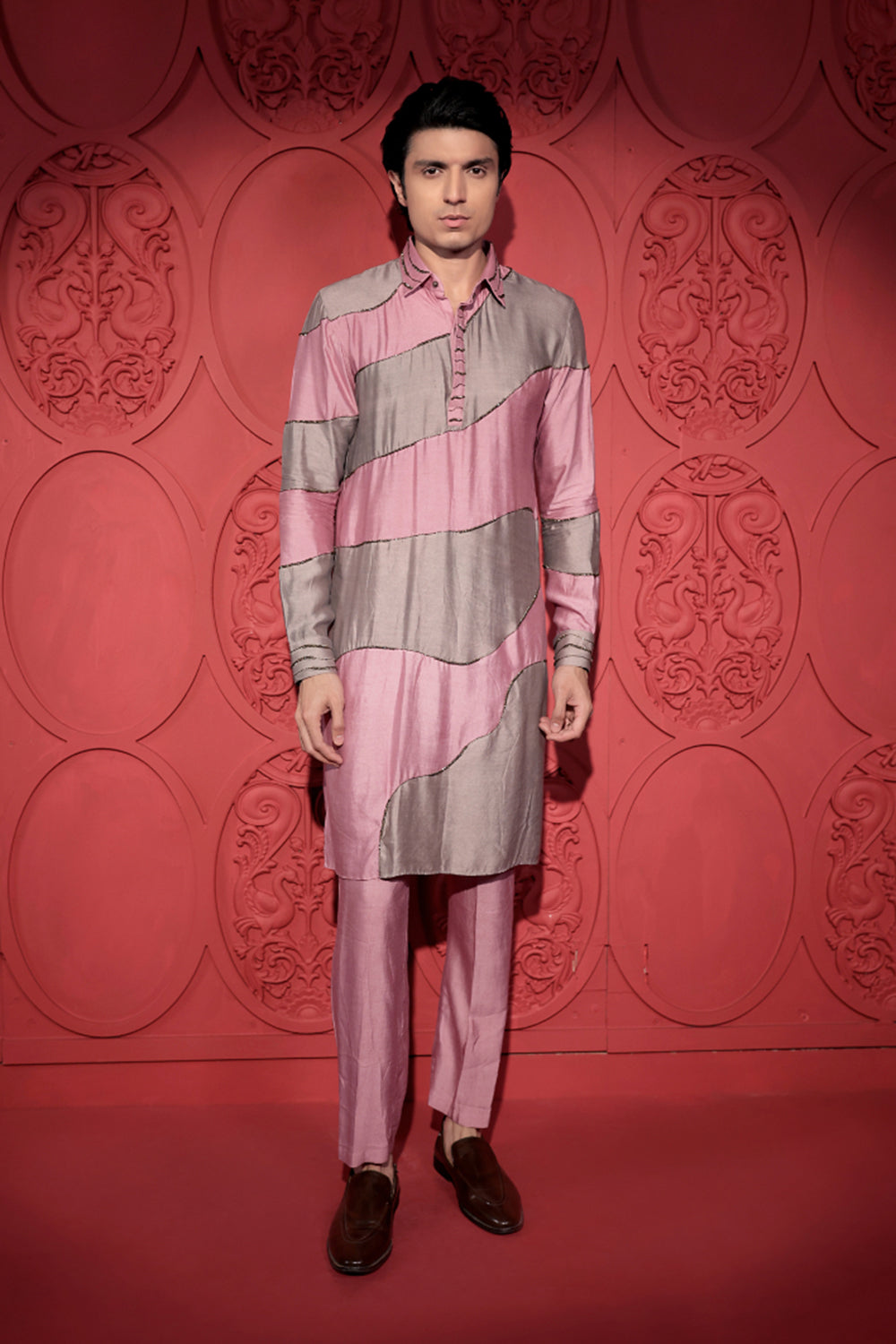 Colorblock Embroidered Pink and Grey Kurta Set