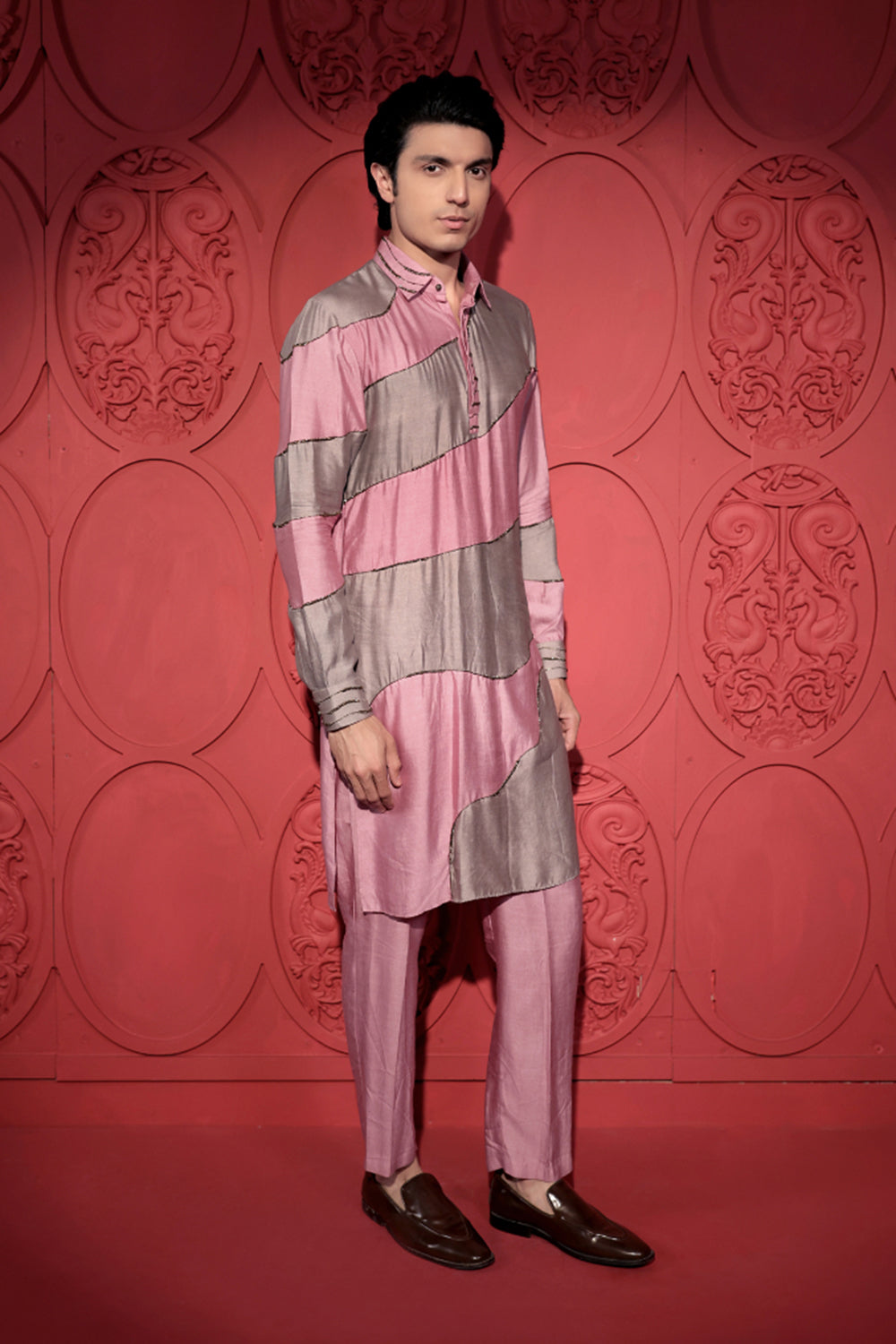 Colorblock Embroidered Pink and Grey Kurta Set