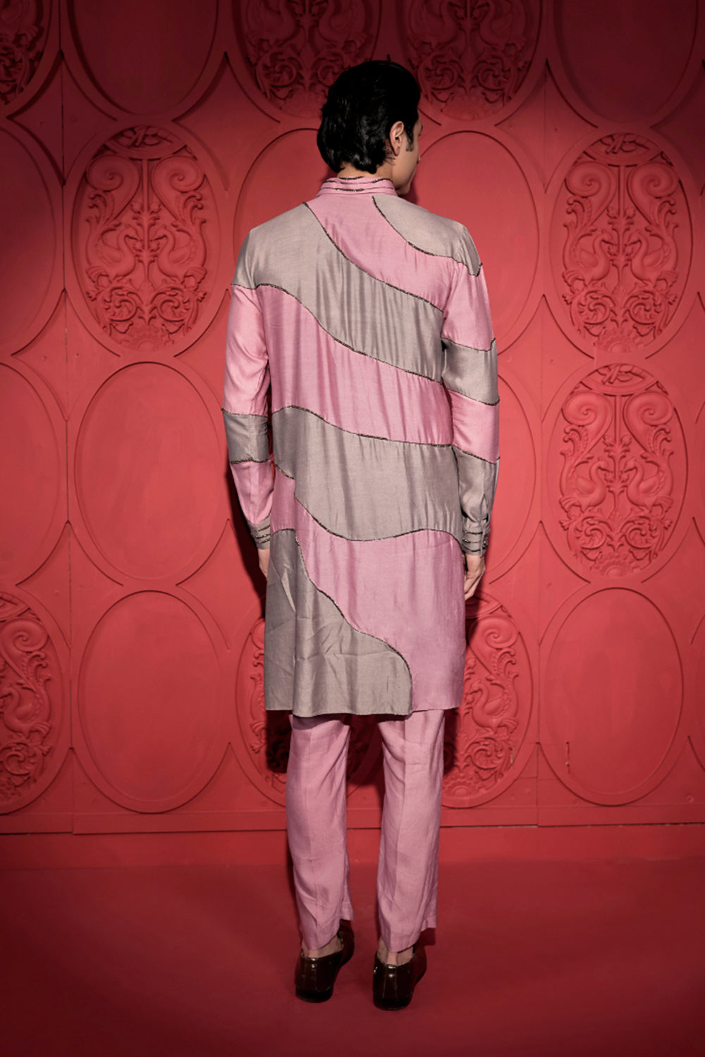Colorblock Embroidered Pink and Grey Kurta Set