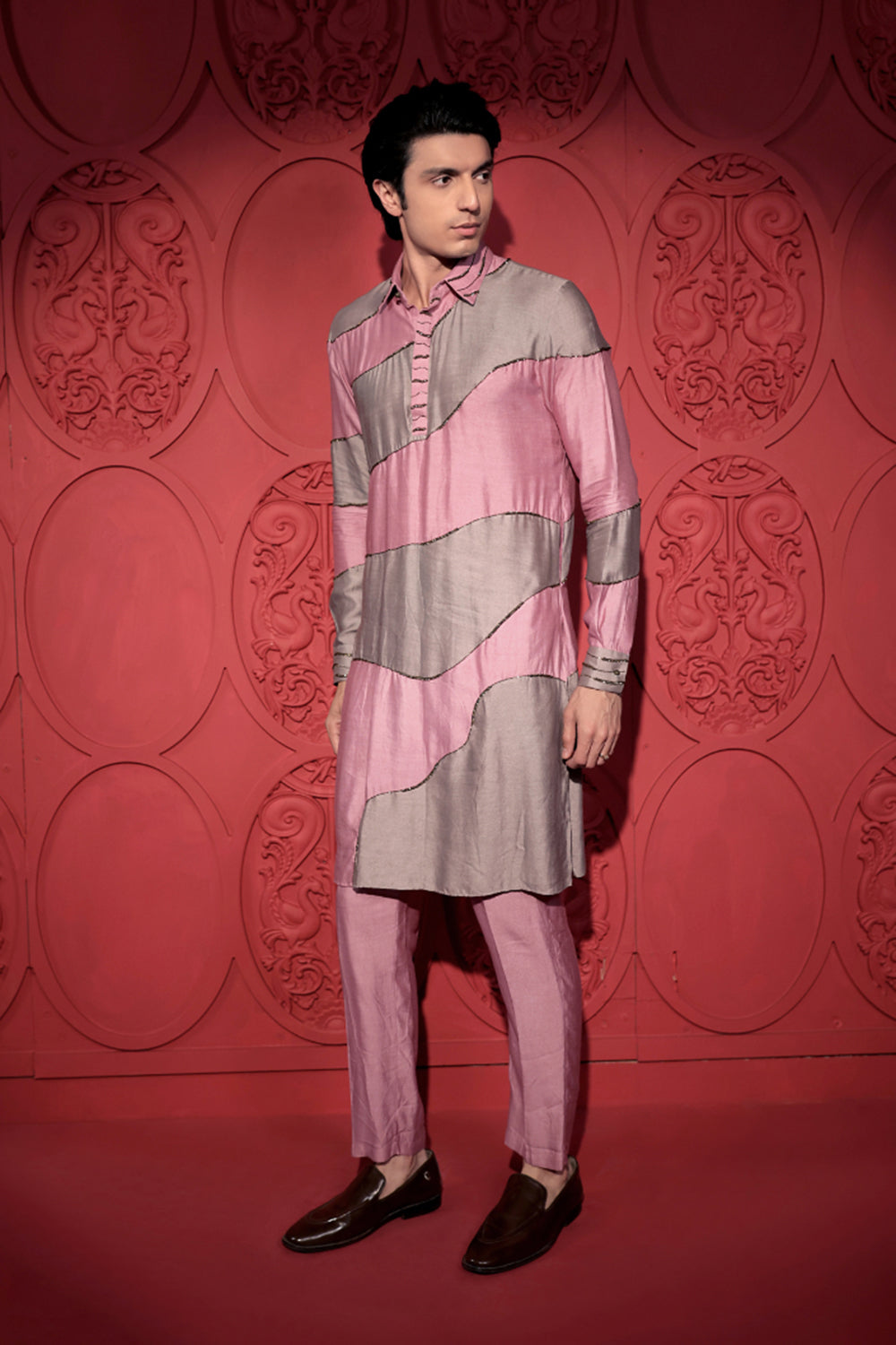 Colorblock Embroidered Pink and Grey Kurta Set