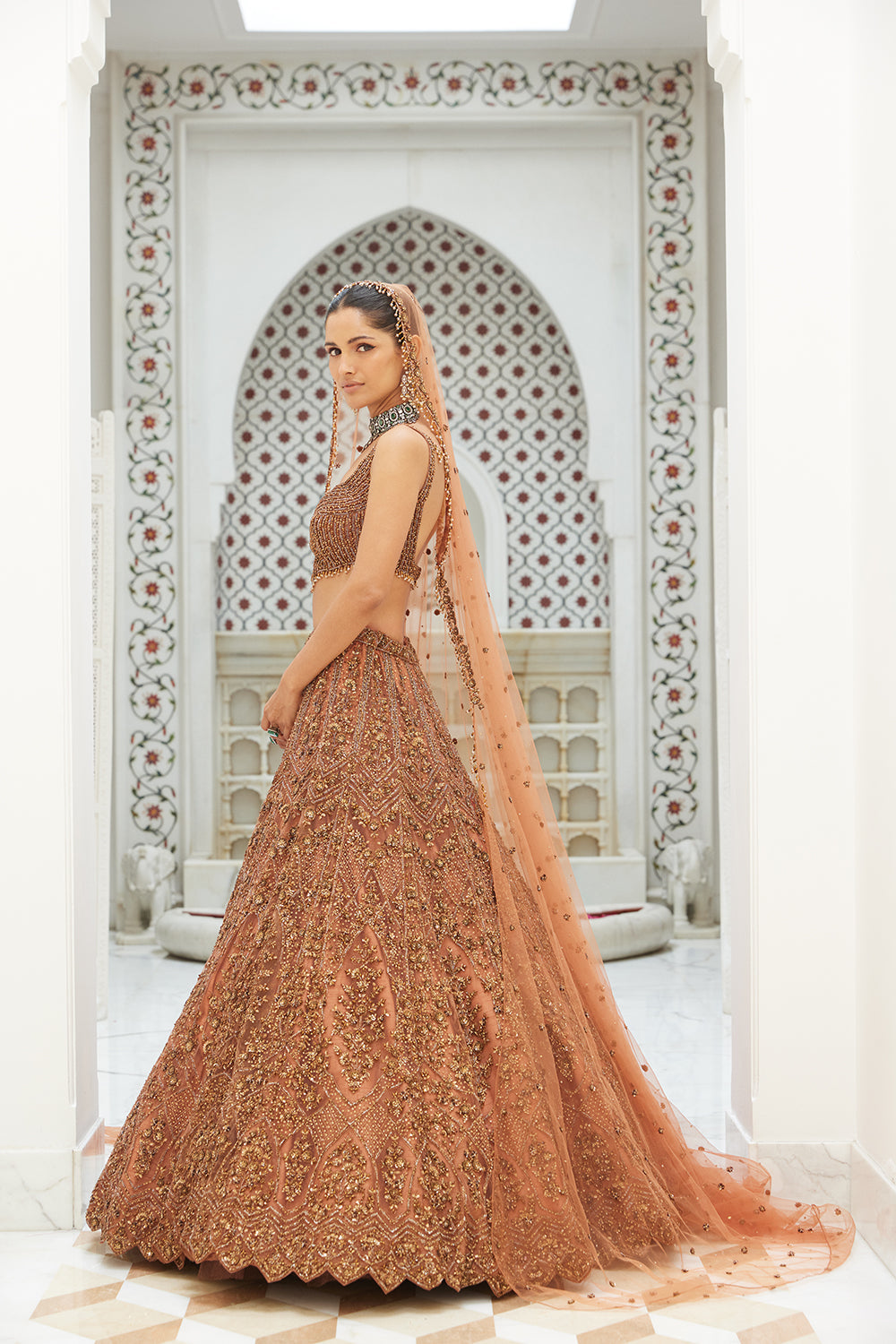 Copper Net Lehenga Choli With A Head Veil