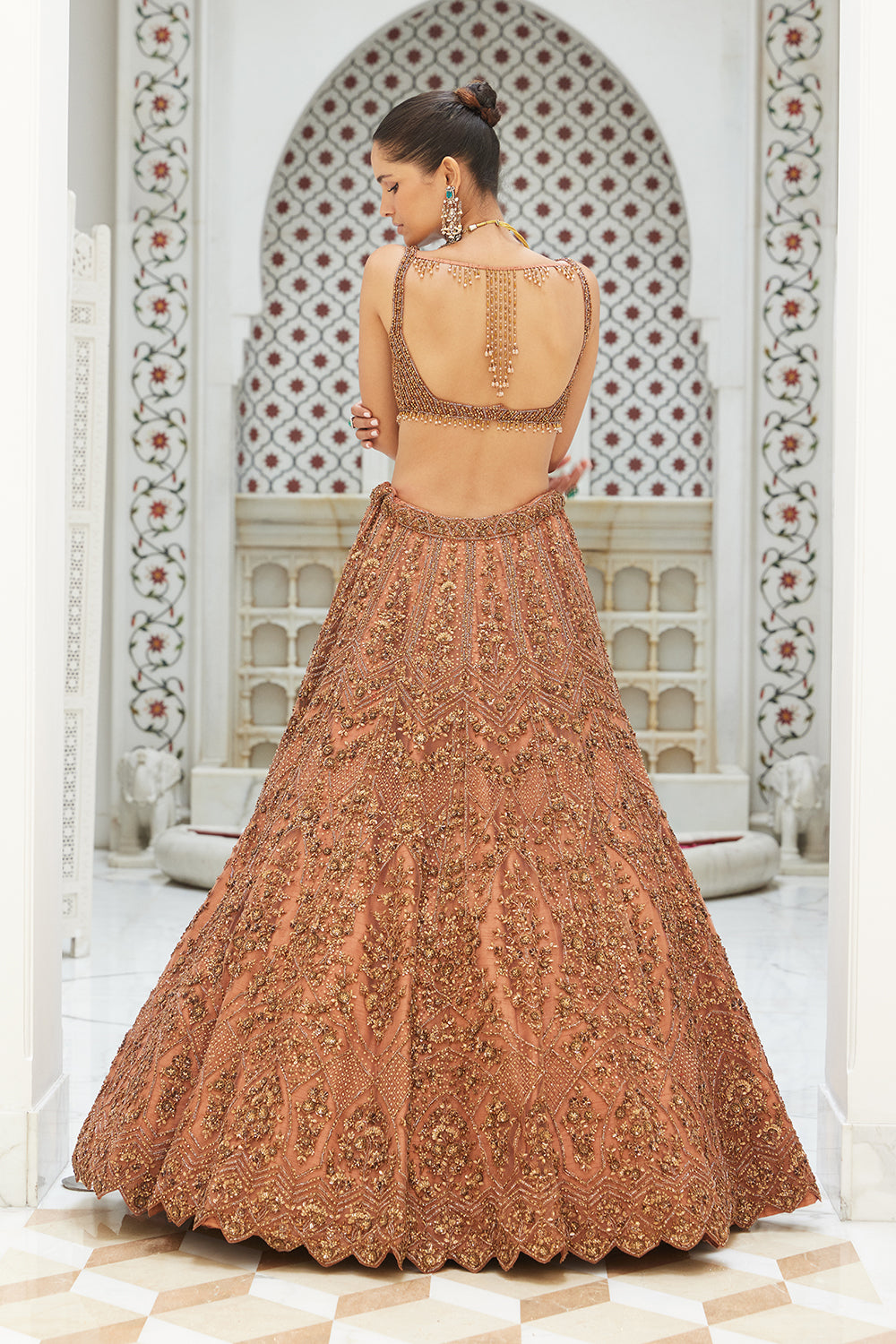 Copper Net Lehenga Choli With A Head Veil