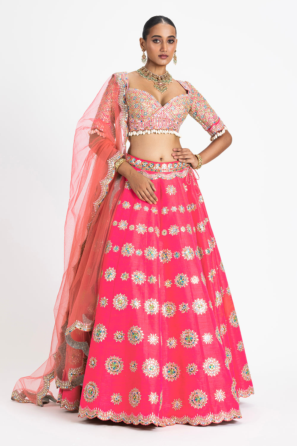 Coral Pink Raw Silk Lehenga Set