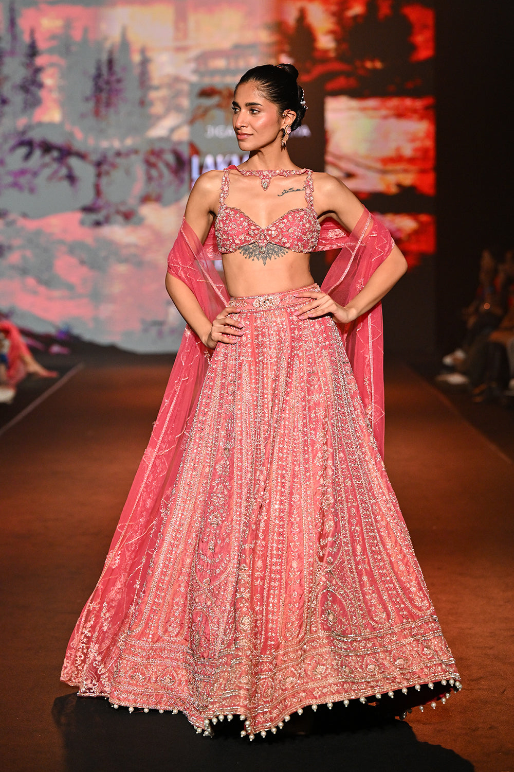 Coral shimmer lehenga set