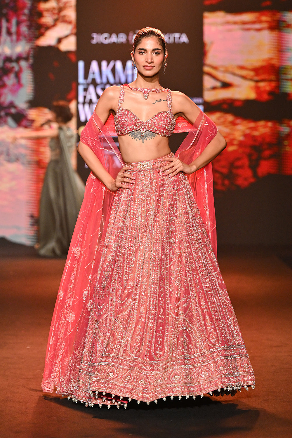 Coral shimmer lehenga set