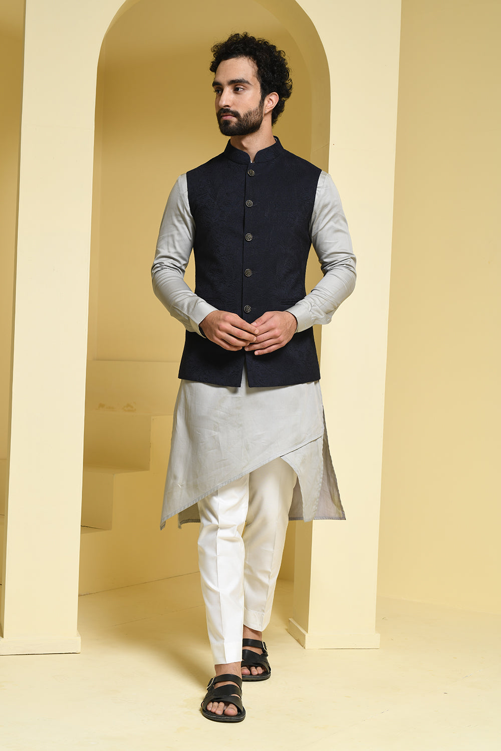 Cotton Grey kurta pants with contrasting silk embroidered jacket