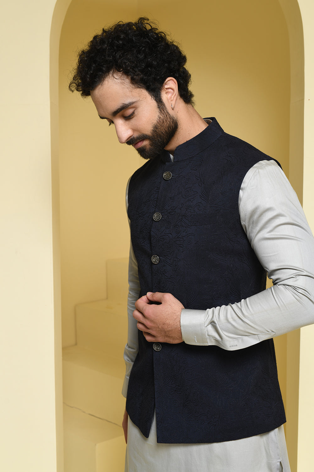 Cotton Grey kurta pants with contrasting silk embroidered jacket