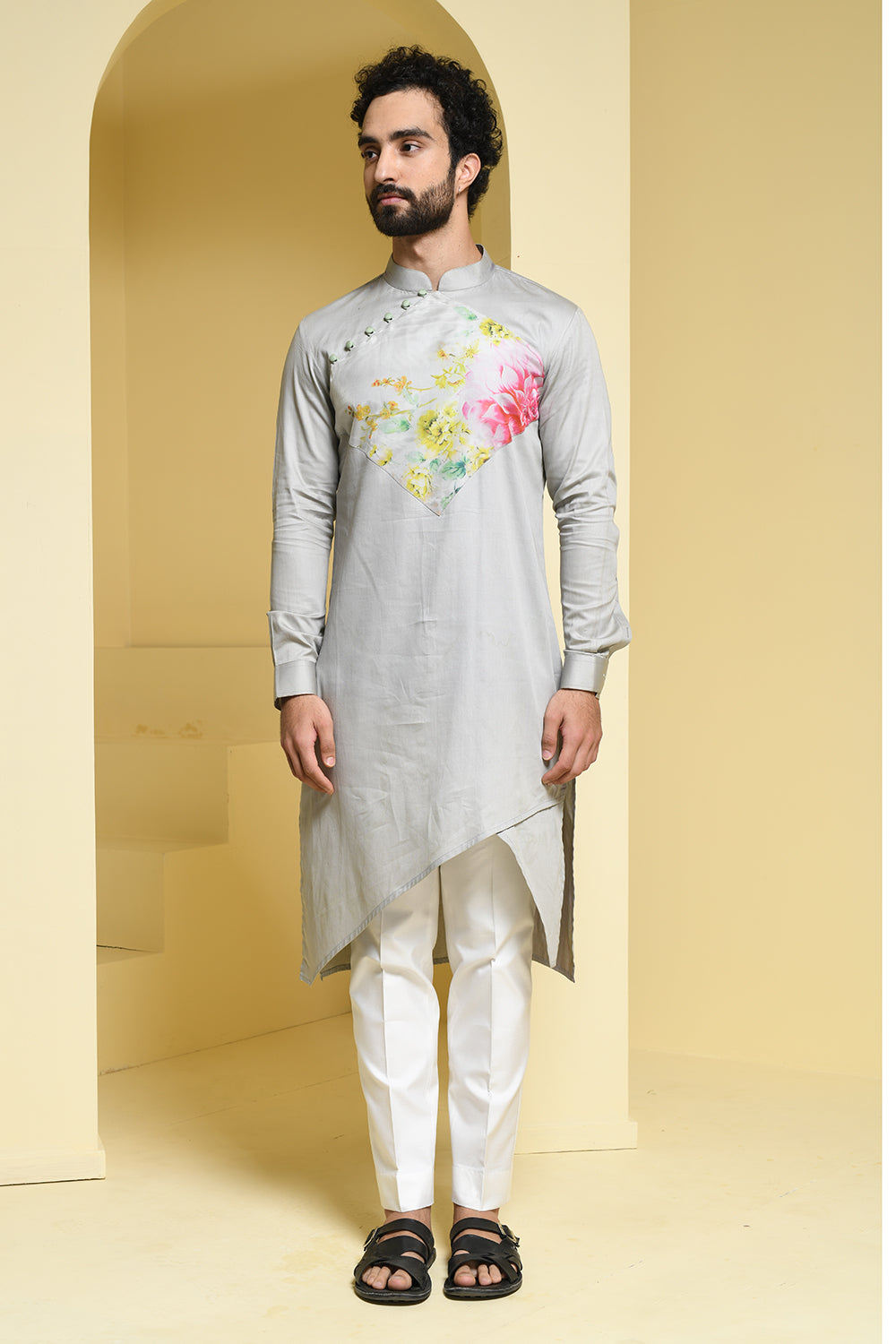 Cotton Grey kurta pants with Organza Details