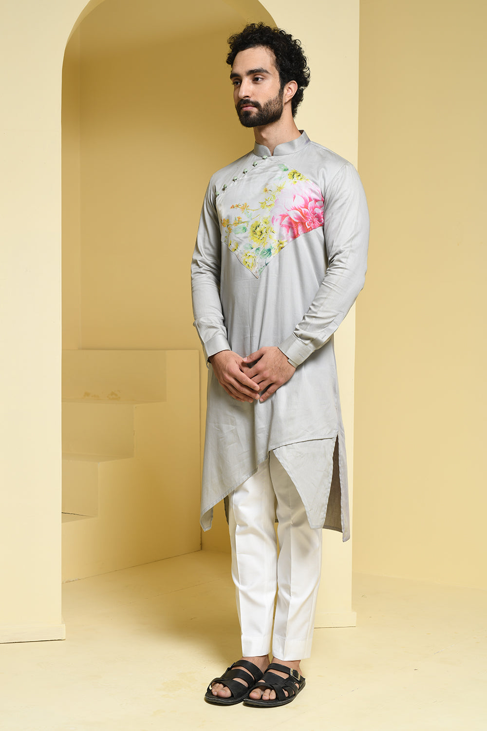 Cotton Grey kurta pants with Organza Details