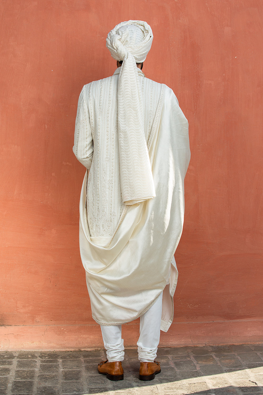 Cream Matka Achkan With Monga Kurta And Churidar