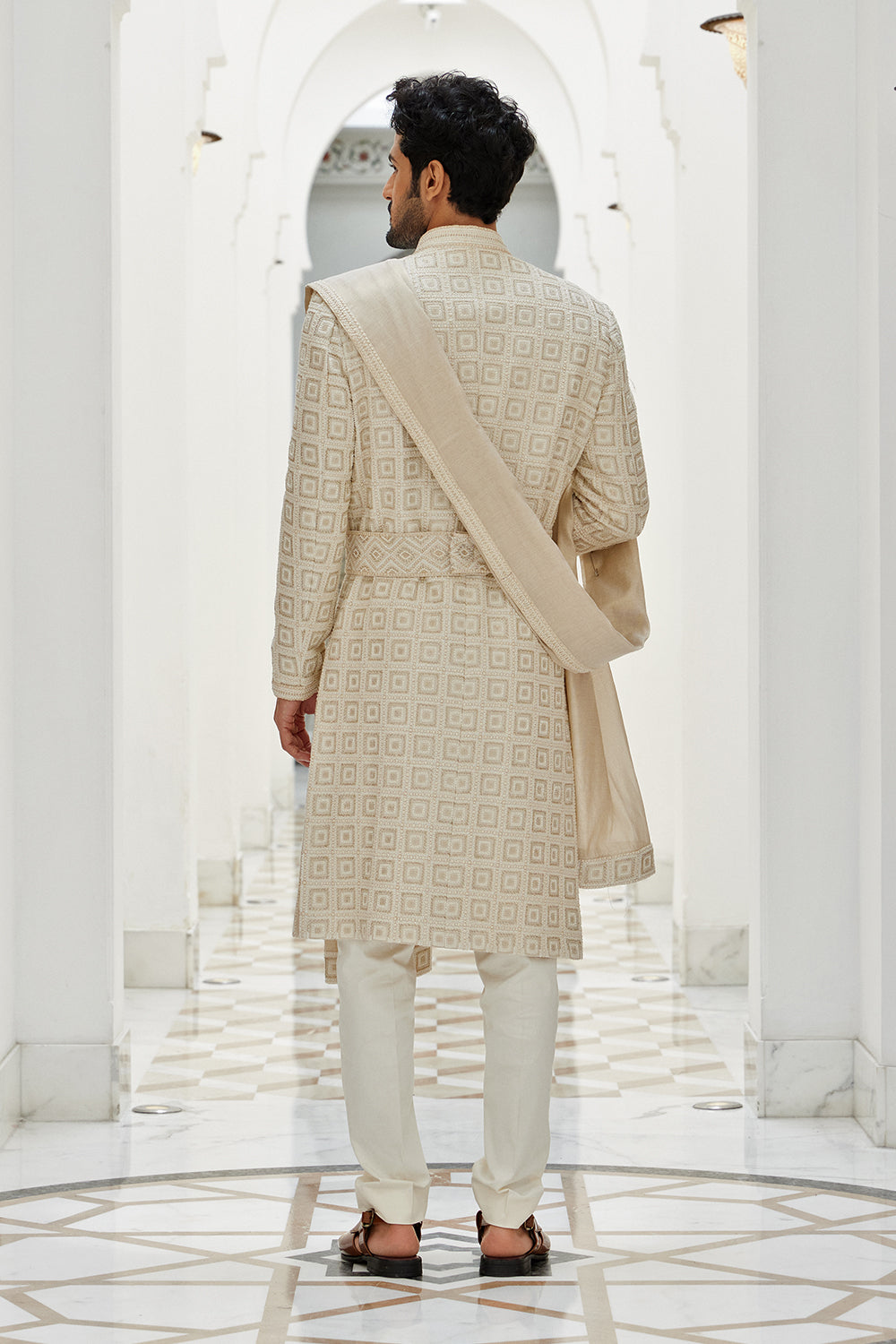 Cream  Sherwani Kurta Trouser Set