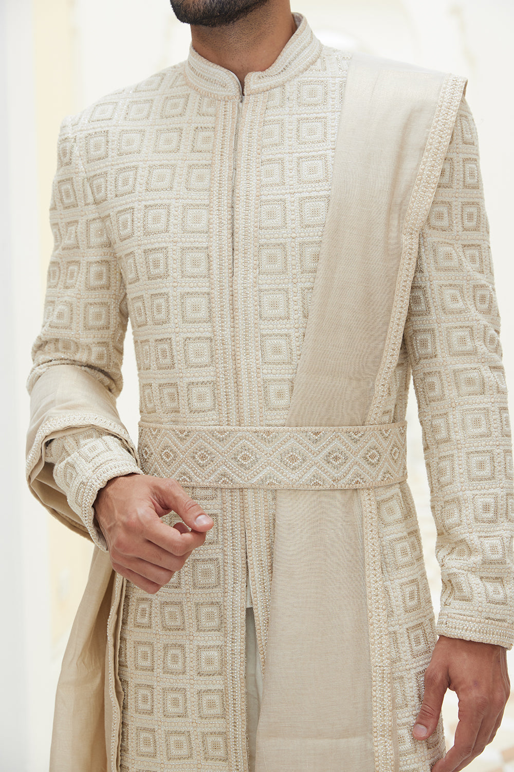 Cream  Sherwani Kurta Trouser Set