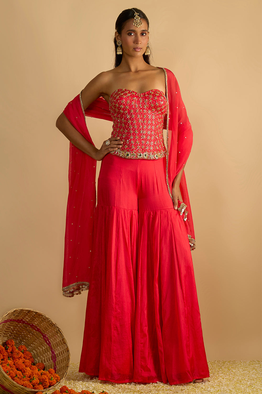 Crimson Blush Silk Chiffon Hand Embroidered Corset with Gharara Pants and Chitta work Organza Dupatta