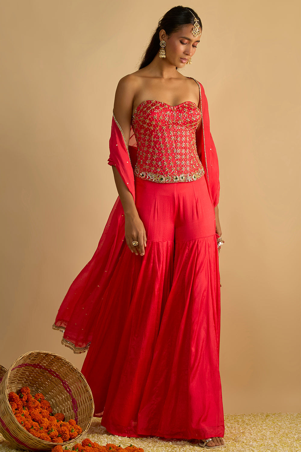 Crimson Blush Silk Chiffon Hand Embroidered Corset with Gharara Pants and Chitta work Organza Dupatta
