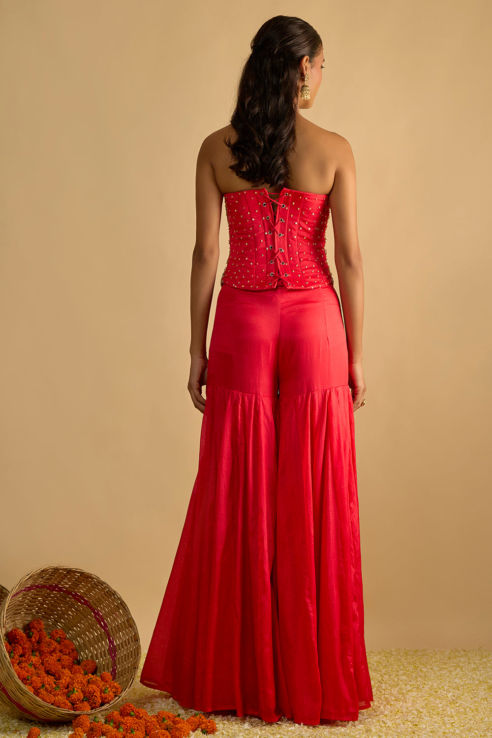 Crimson Blush Silk Chiffon Hand Embroidered Corset with Gharara Pants and Chitta work Organza Dupatta