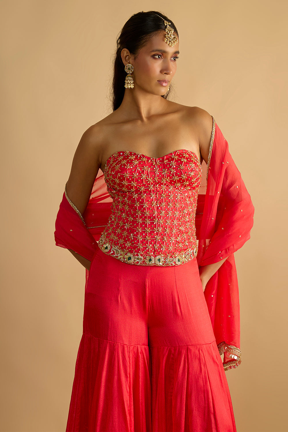 Crimson Blush Silk Chiffon Hand Embroidered Corset with Gharara Pants and Chitta work Organza Dupatta