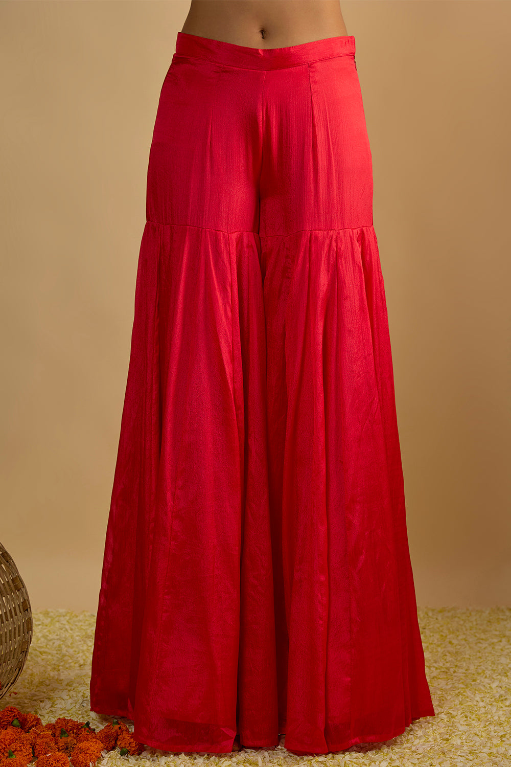 Crimson Blush Silk Chiffon Hand Embroidered Corset with Gharara Pants and Chitta work Organza Dupatta