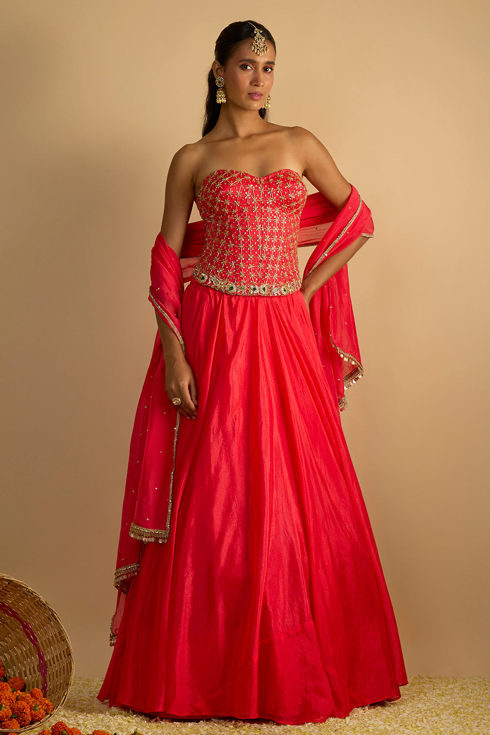Crimson Blush Silk Chiffon Hand Embroidered Corset with Lehenga and Chitta work Organza Dupatta
