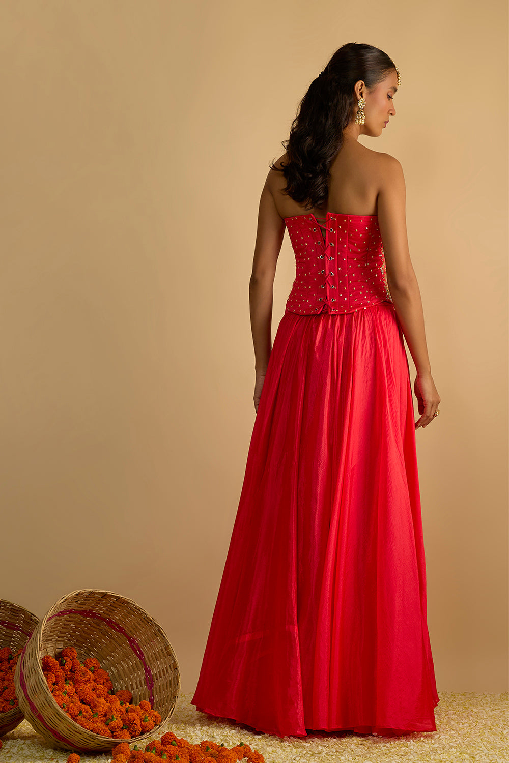 Crimson Blush Silk Chiffon Hand Embroidered Corset with Lehenga and Chitta work Organza Dupatta