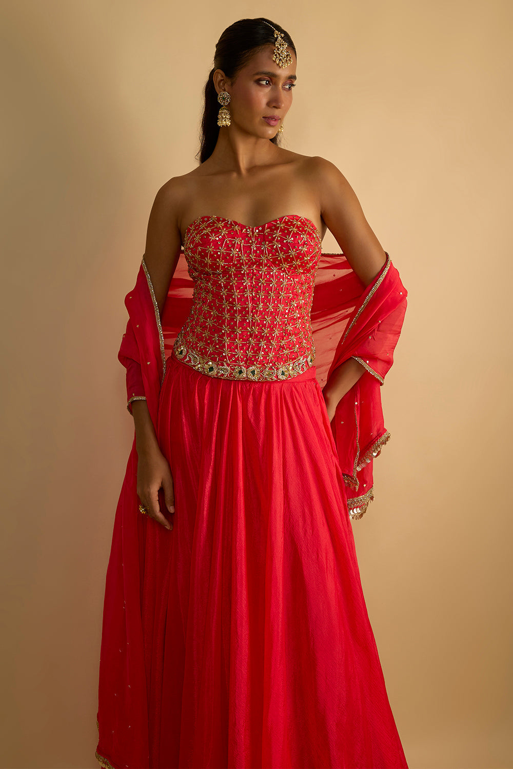 Crimson Blush Silk Chiffon Hand Embroidered Corset with Lehenga and Chitta work Organza Dupatta