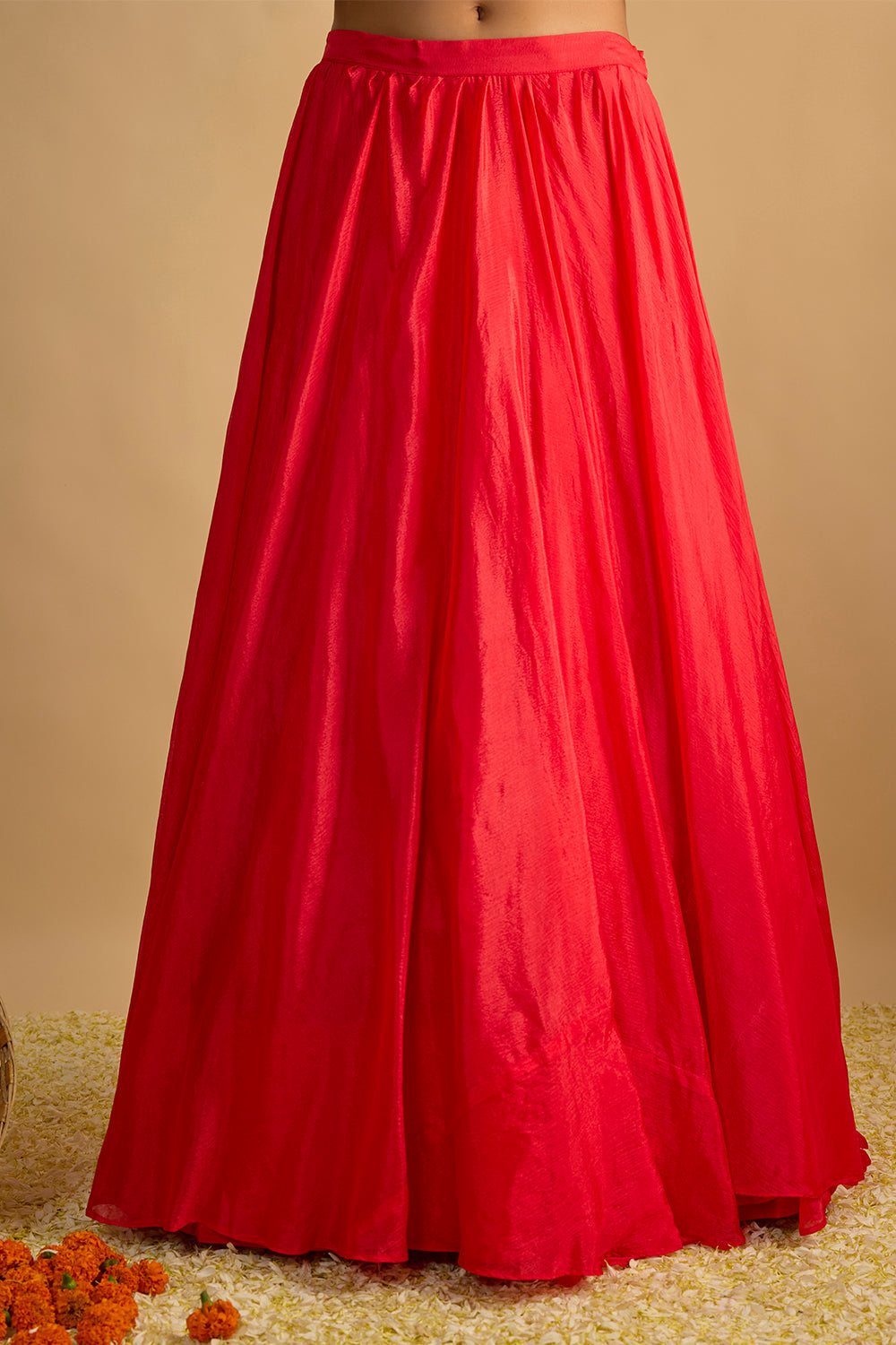 Crimson Blush Silk Chiffon Hand Embroidered Corset with Lehenga and Chitta work Organza Dupatta