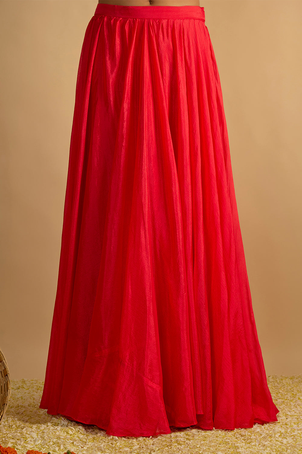 Crimson Blush Silk Chiffon Hand Embroidered Corset with Lehenga and Chitta work Organza Dupatta