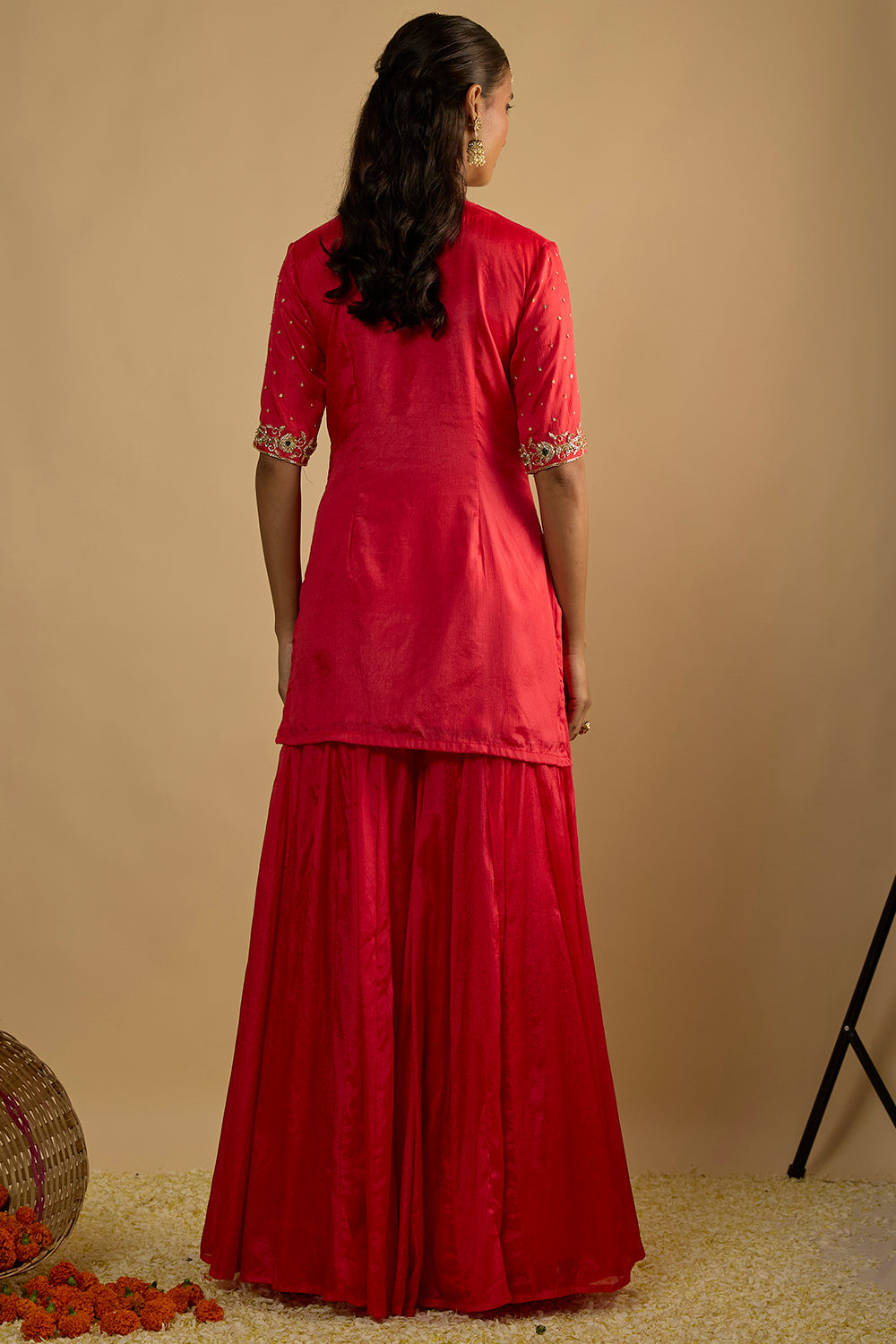 Crimson Blush Silk Chiffon Short Kurta Gharara Set with Handwork on the Dupatta and Chitta work Organza Dupatta