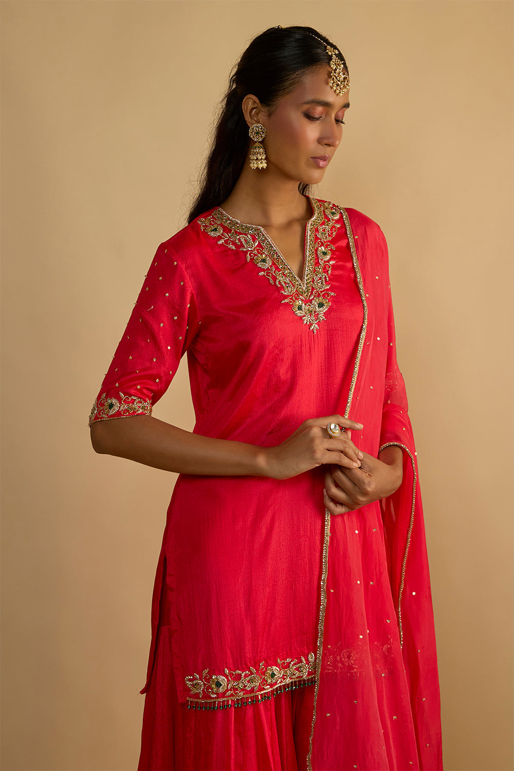 Crimson Blush Silk Chiffon Short Kurta Gharara Set with Handwork on the Dupatta and Chitta work Organza Dupatta