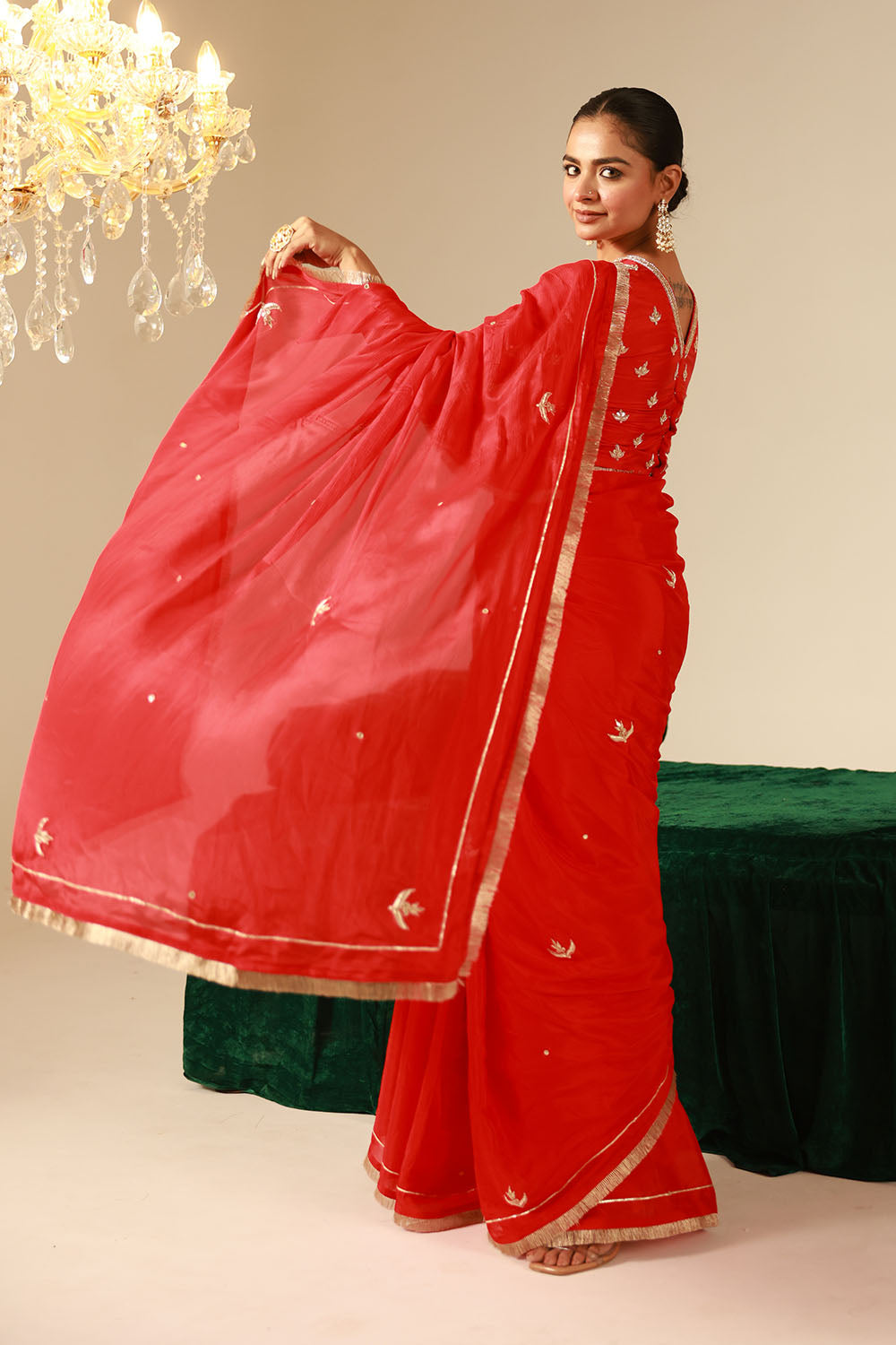 Crimson Red Chinon Saree