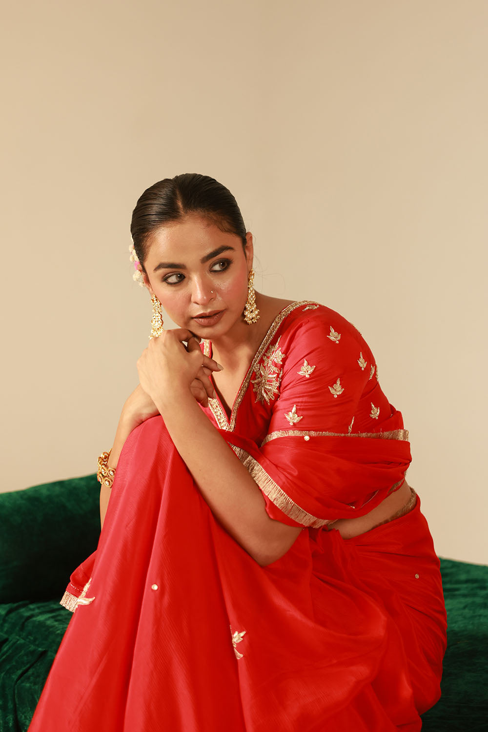 Crimson Red Chinon Saree