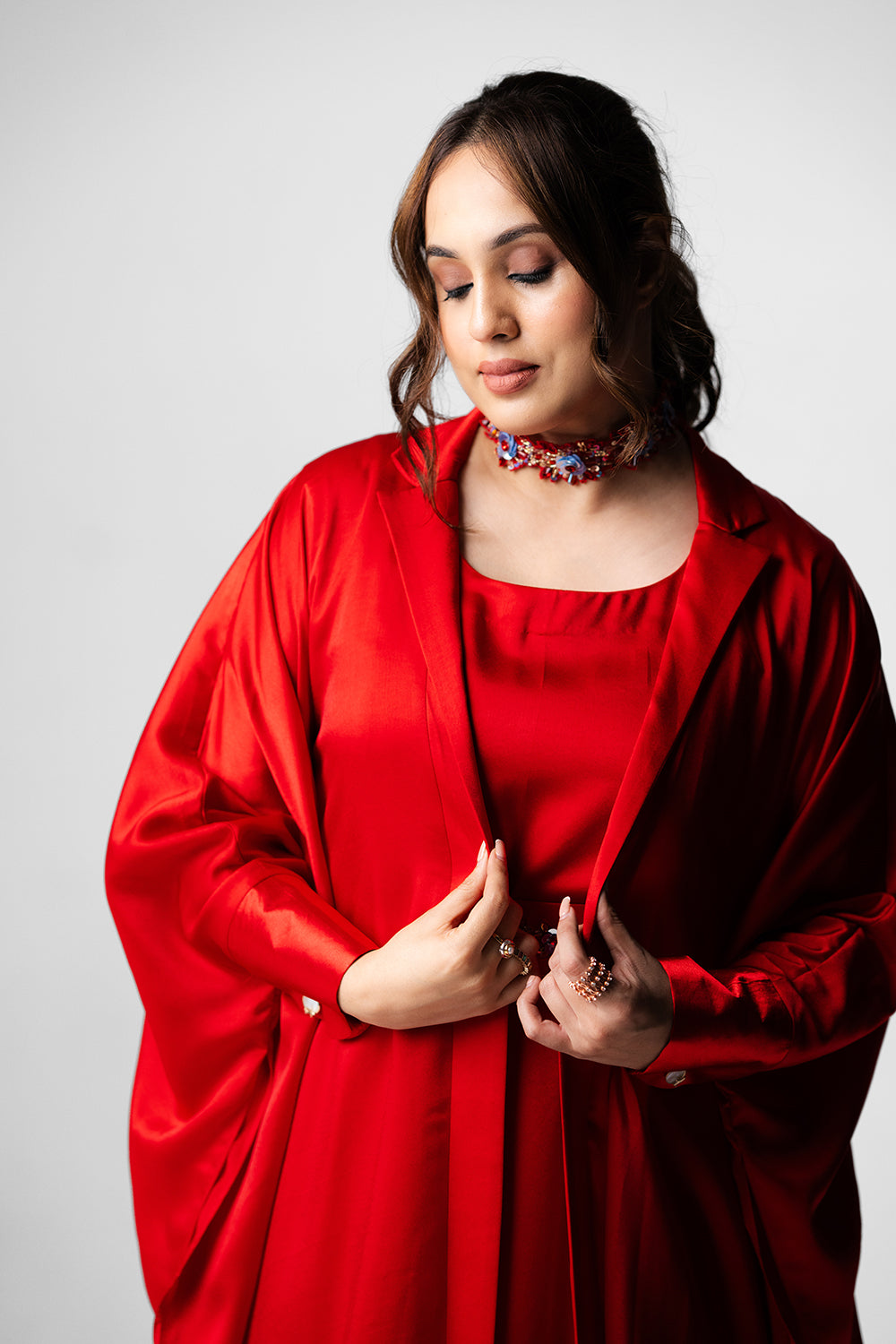 Crimson Red Satin Kaftan Gown Set