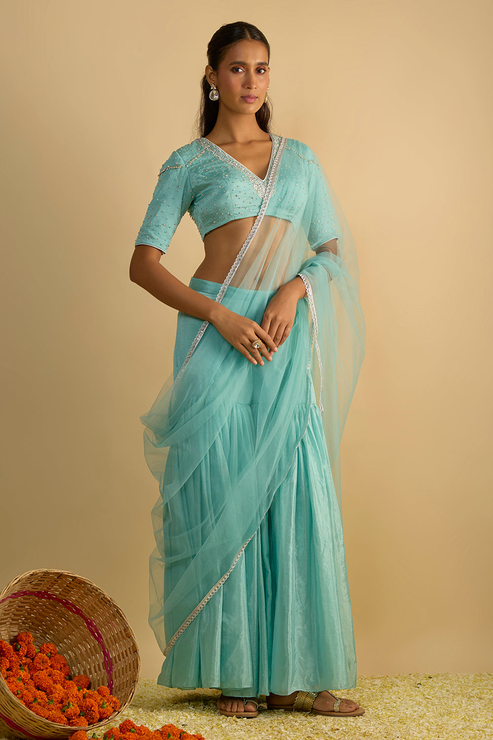 Crystal Blue Silk Chiffon Gharara Set with Hand Embroidered Blouse and Net Dupatta