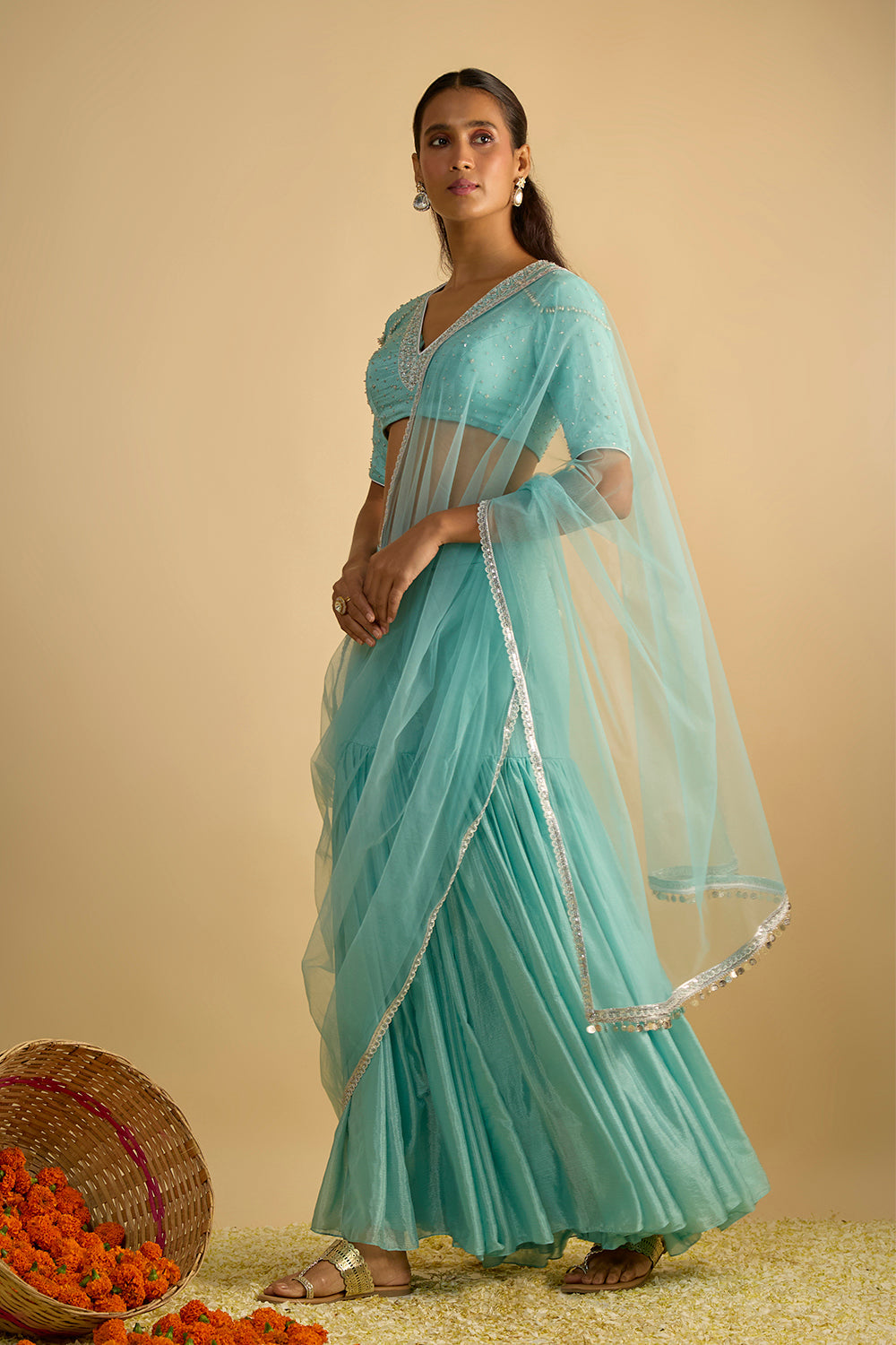 Crystal Blue Silk Chiffon Gharara Set with Hand Embroidered Blouse and Net Dupatta