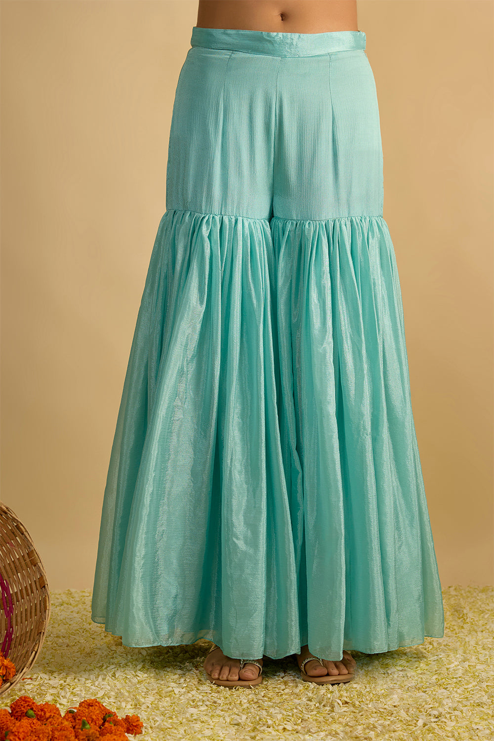 Crystal Blue Silk Chiffon Gharara Set with Hand Embroidered Blouse and Net Dupatta