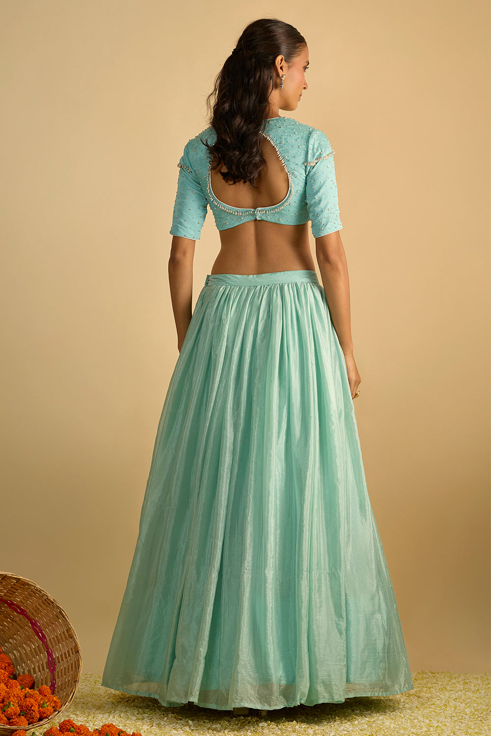 Crystal Blue Silk Chiffon Lehenga Set with Hand Embroidered Blouse and Net Dupatta