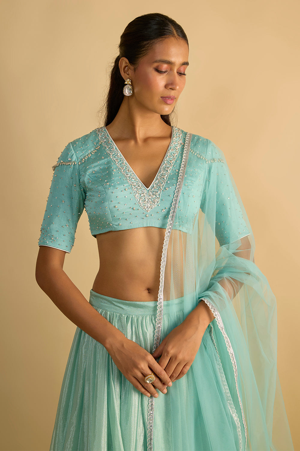 Crystal Blue Silk Chiffon Lehenga Set with Hand Embroidered Blouse and Net Dupatta