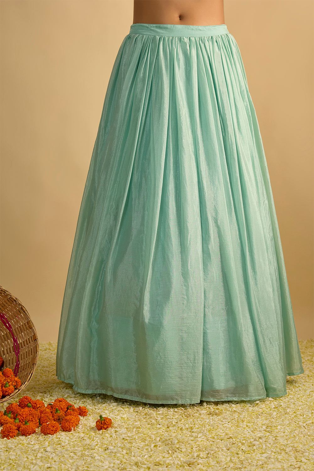 Crystal Blue Silk Chiffon Lehenga Set with Hand Embroidered Blouse and Net Dupatta