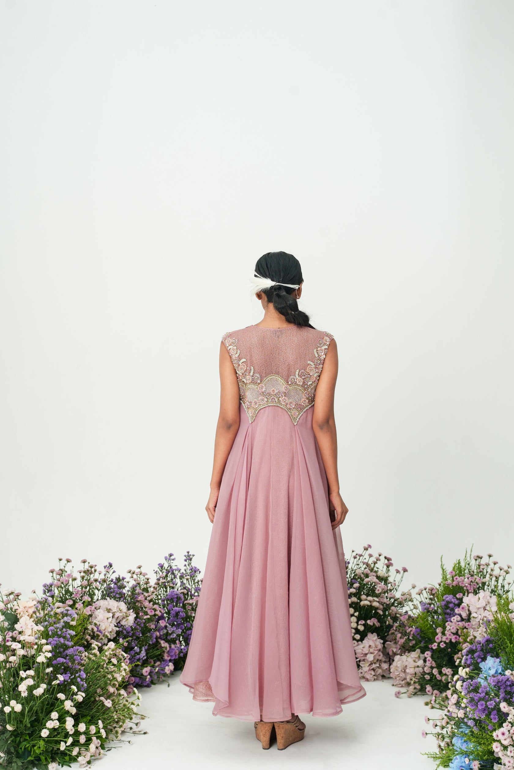 Mauve Sheer Neck Embroidered Flare Long Dress