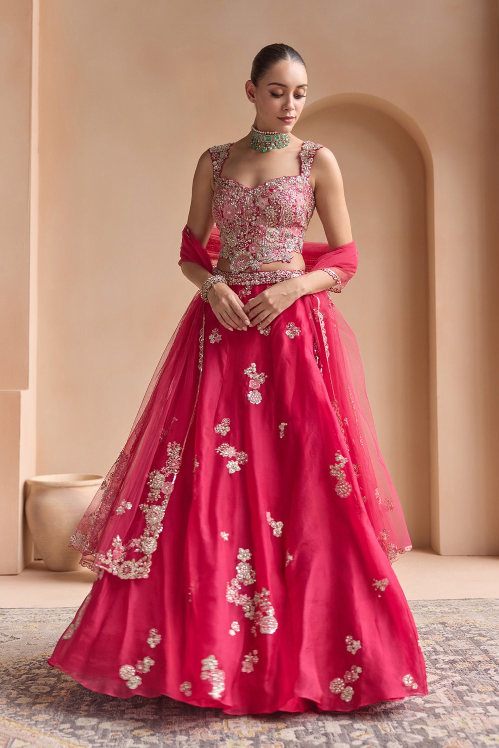 Cut Ruby Embroidered Organza Lehenga Set