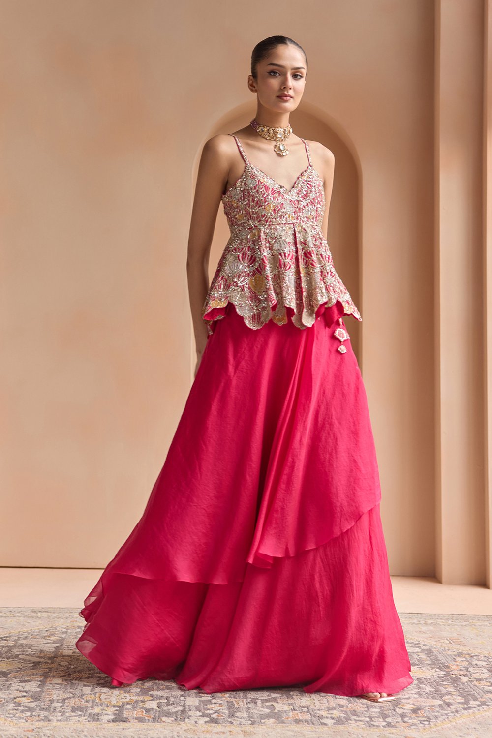 Cut Ruby Embroidered Peplum and Skirt Set