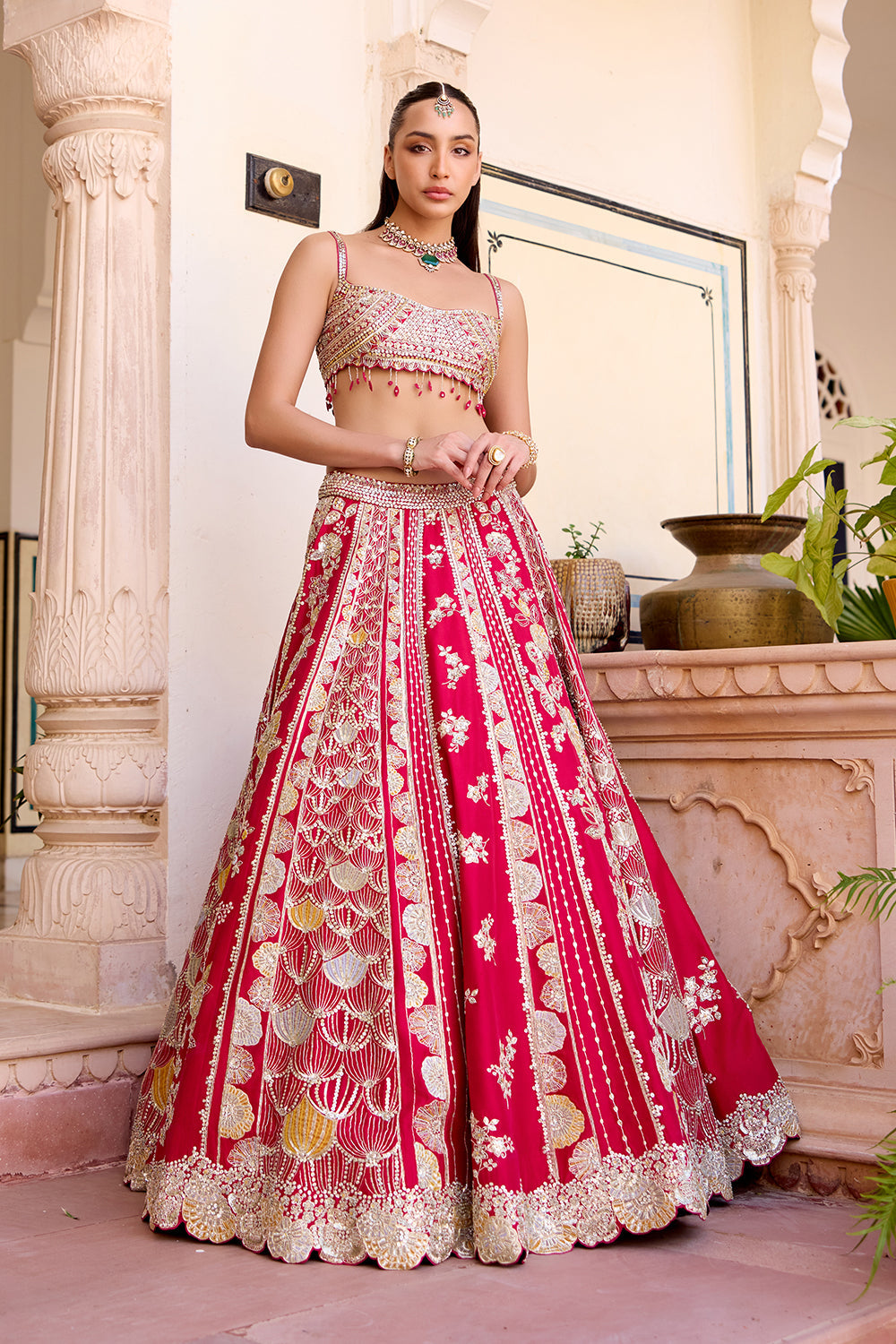 Cut Ruby Mulberry Silk Lehenga Set