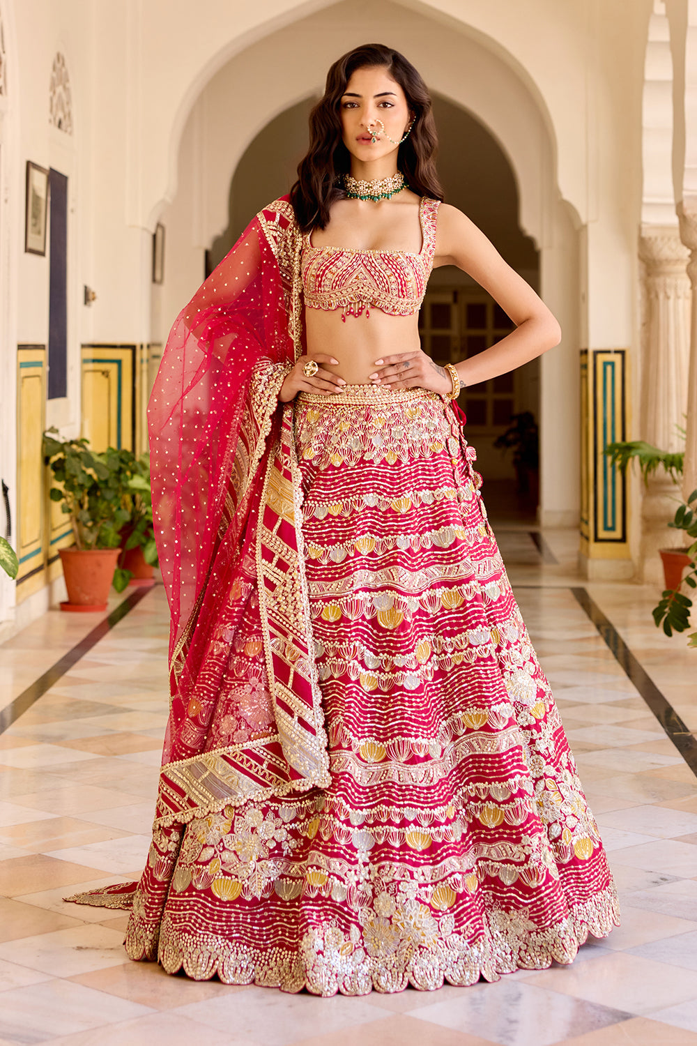 Cut Ruby Organza Lehenga Set