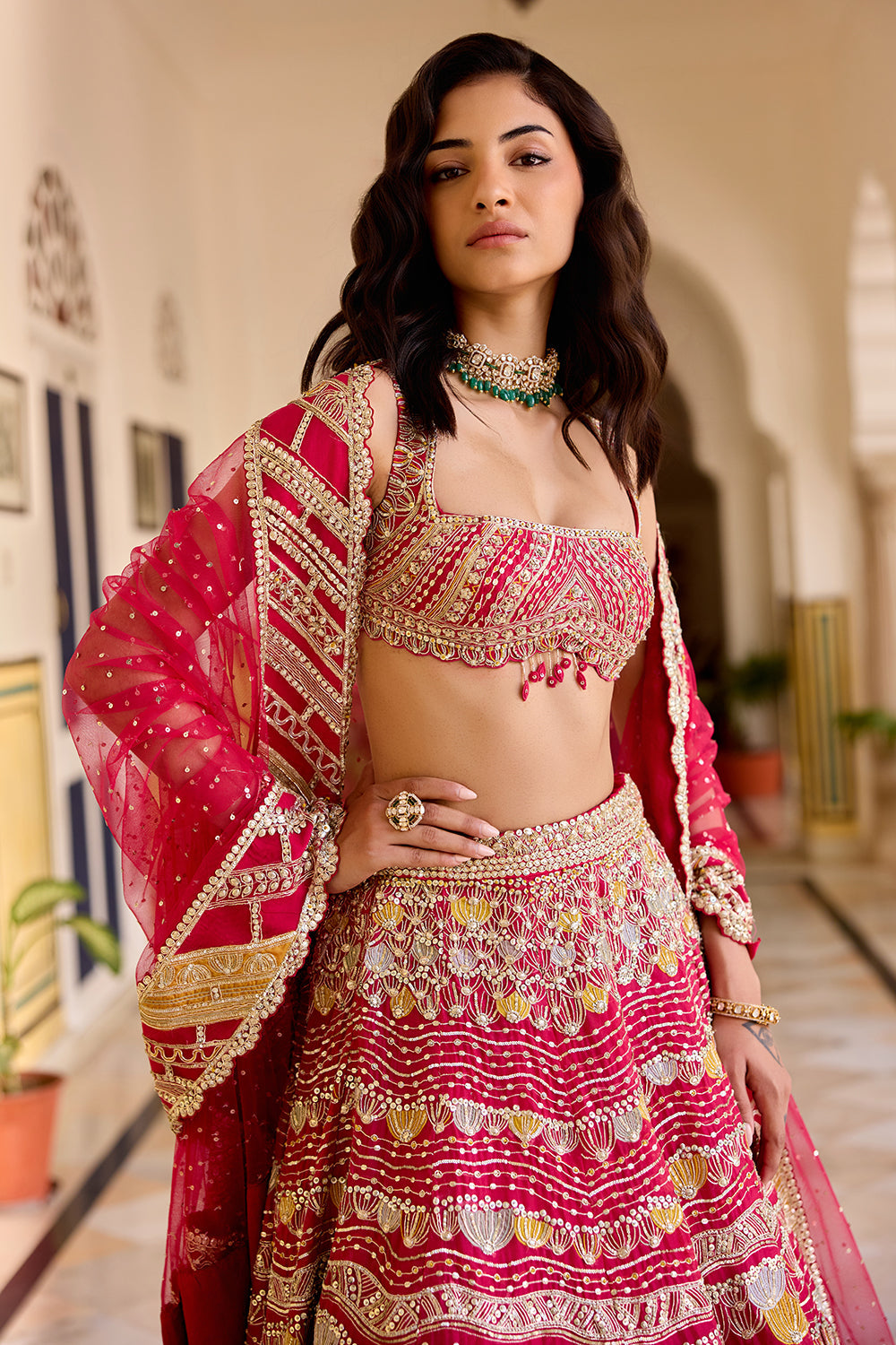 Cut Ruby Organza Lehenga Set