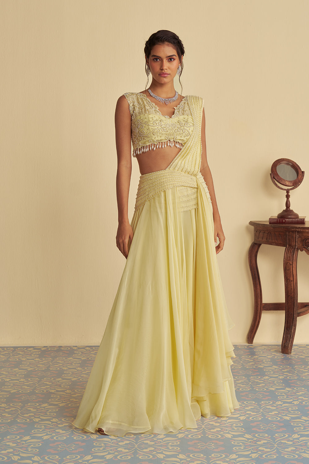 Dandelion mist drape saree set