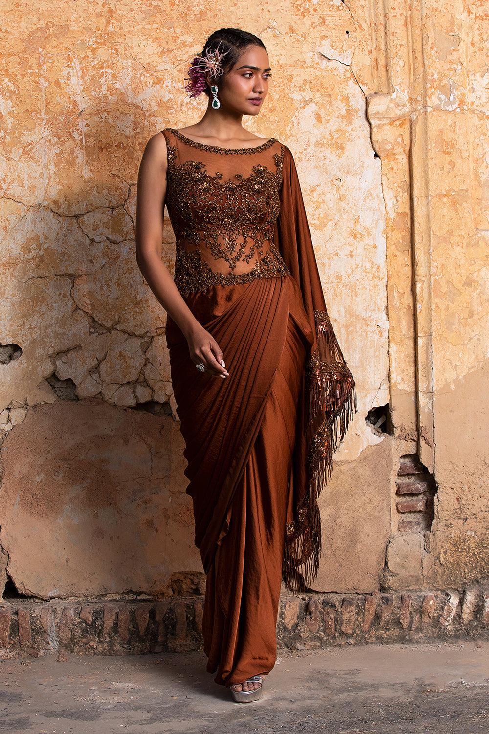 Dark Copper Drape Saree