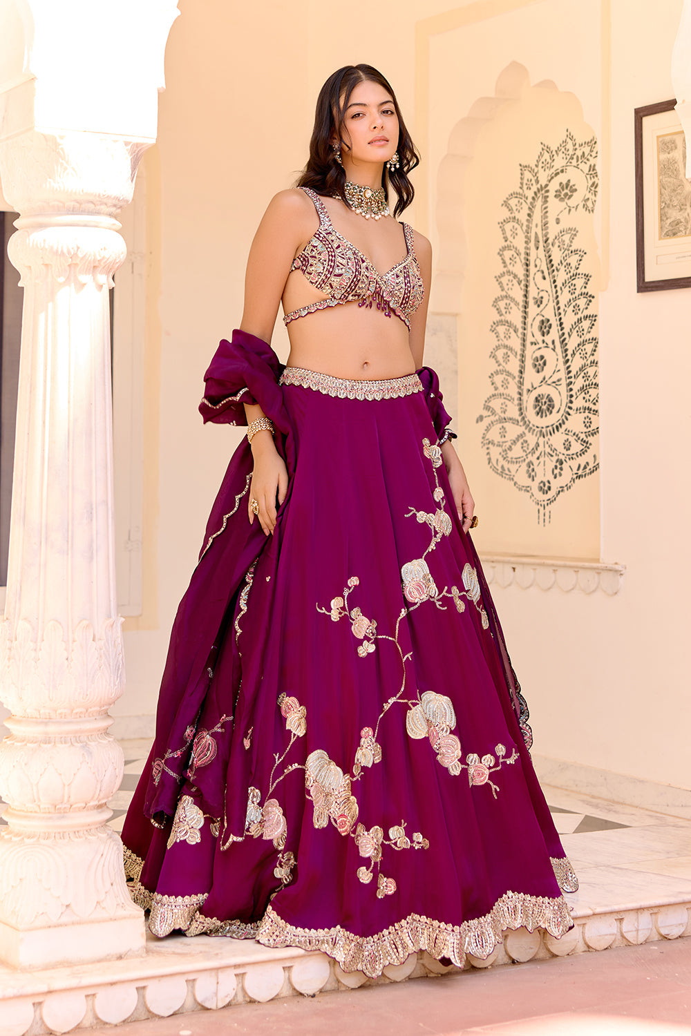 Dark Plum Jaal Placement Lehenga Set