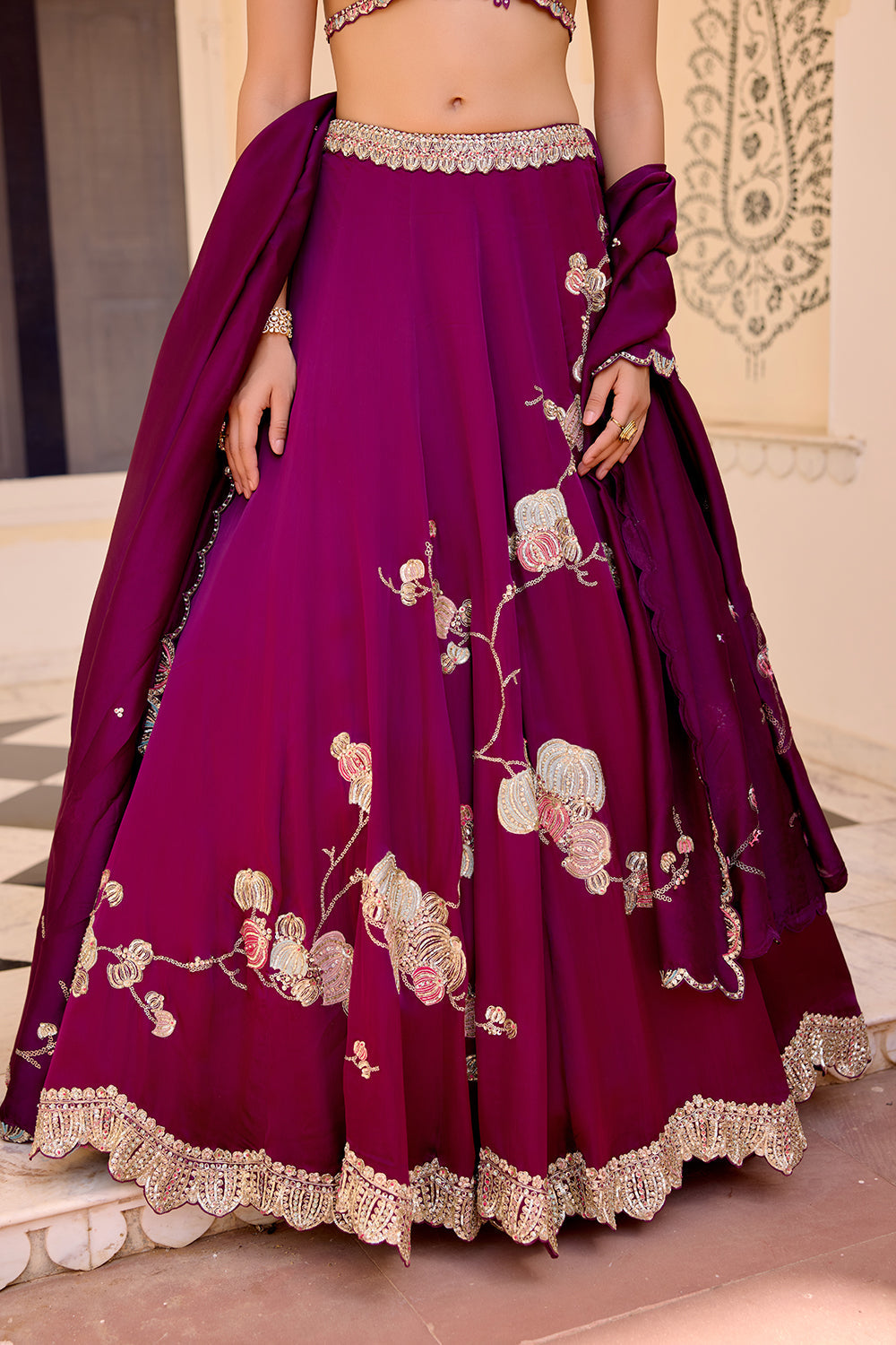 Dark Plum Jaal Placement Lehenga Set