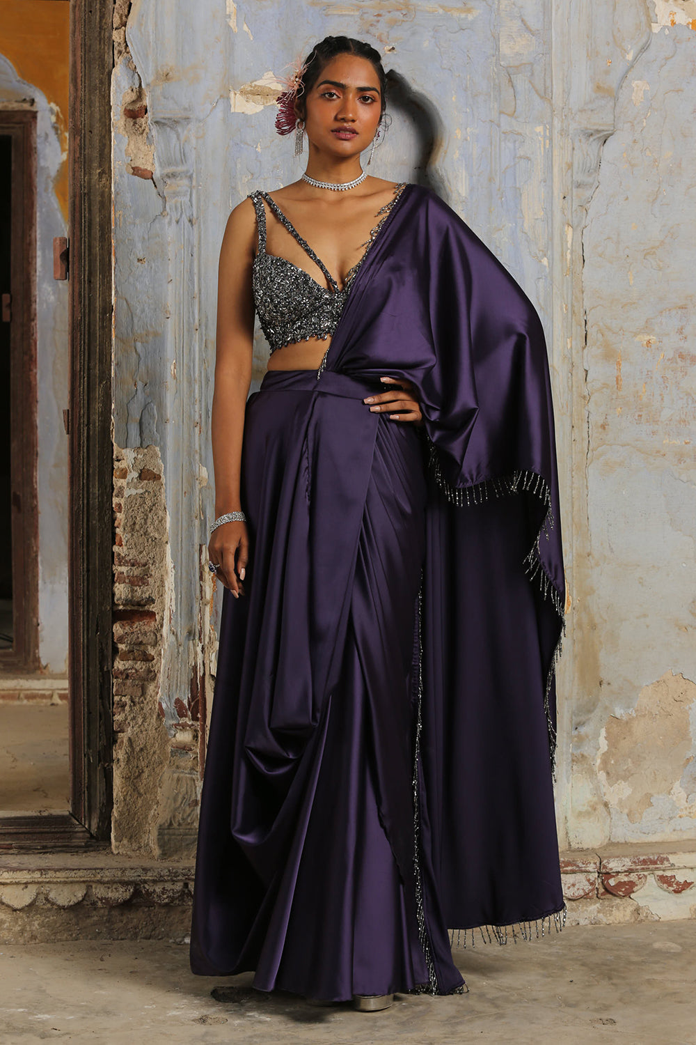 Dark Purple Drape Saree