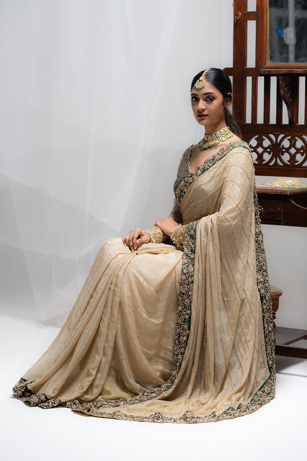 Dark Vanilla Saree with Brocade & Chiffon Blouse